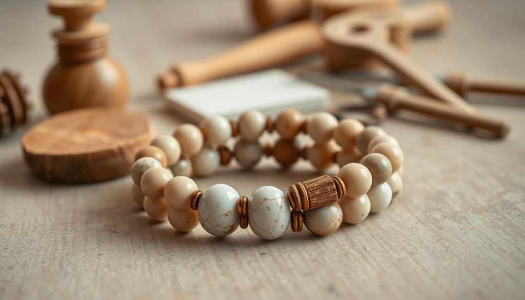 A serene arrangement of natural stone beads and earthy wood elements meticulously crafted into a stylish KlickKiste bracelet. Soft, warm lighting casts a gentle glow, highlighting the organic textures and muted tones - beige, white, and hints of rustic red. In the foreground, the bracelet's elegant simplicity takes center stage, while the background features a tranquil scene with DIY materials and tools, conveying a sense of handmade craftsmanship. The overall mood is one of refined sophistication and the inherent beauty of nature-inspired design.