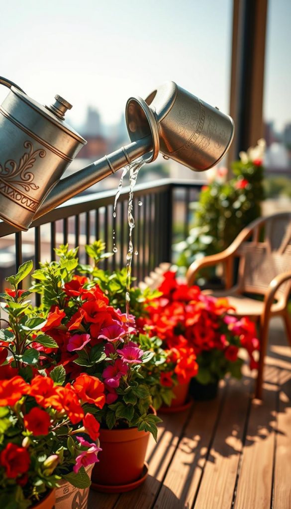A serene balcony garden scene, focusing on a watering can gently pouring water over vibrant potted plants. In the foreground, a close-up of the watering can, adorned with rustic designs, captures the motion of water cascading down onto the rich, green foliage of a variety of easy-care plants like petunias and succulents. The middle ground features an inviting balcony space with wooden decking and a cozy chair, bathed in warm, natural sunlight that enhances the earthy colors. In the background, a soft-focus view of a cityscape suggests a tranquil urban oasis. The overall atmosphere is warm and inviting, ideal for inspiring balcony gardening ideas. The image should evoke a sense of care and nurturing, aligning with the ethos of KlickKiste.