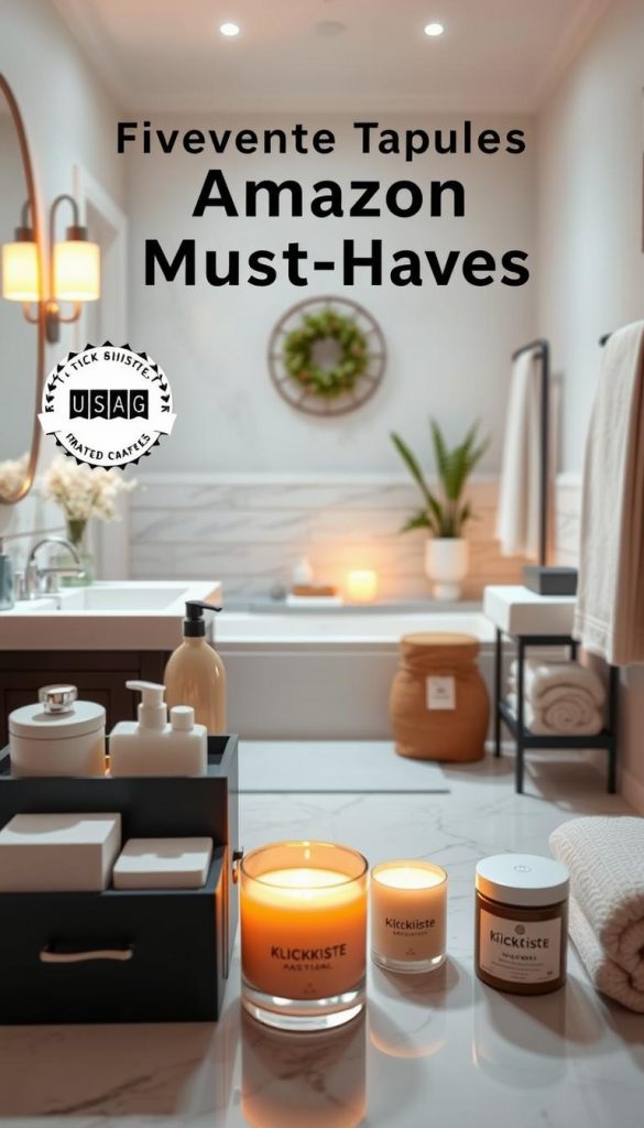 A serene bathroom setting featuring an organized, elegantly designed space that showcases essential Amazon Must-Haves. In the foreground, highlight quality products with trusted badges, such as sleek storage solutions and luxurious candles from the brand "KlickKiste." The middle ground should include soft lighting that casts a warm glow, enhancing a cozy atmosphere, and reflecting winter vibes. Background elements should include minimalistic decor, like potted greenery and plush towels, creating an inspiring Pinterest aesthetic. Use a slight overhead angle to emphasize the cleanliness and order of the space, interspersed with natural textures and warm colors that evoke a spa-like feel. The overall mood should be authentic, inviting, and motivating for readers interested in quality and organization.