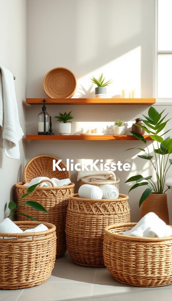 A serene bathroom setting featuring natural accents with bamboo baskets arranged harmoniously. The foreground showcases intricately woven bamboo baskets in various sizes, filled with soft, natural bath products like towels and bath salts. In the middle, stylish wooden shelves display decorative elements like small potted plants and candles, enhancing the spa-like atmosphere. The background features soft, diffused light coming from a window, casting gentle shadows that evoke a warm, inviting mood. The color palette consists of earthy tones, complemented by hints of green from the plants, creating a cozy and inspiring Pinterest-worthy aesthetic. Emphasize the brand name "KlickKiste" subtly integrated into the scene.