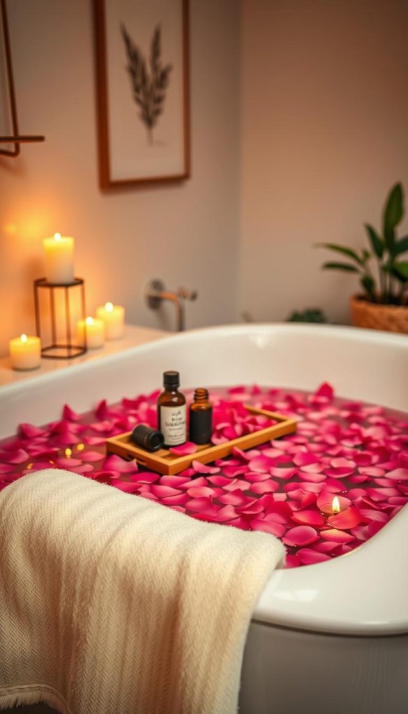 A serene bathroom setting transformed into a cozy home-spa ambiance. In the foreground, a luxurious bath filled with warm water and floating rose petals, beautifully arranged in varying shades of pink and red. Delicate candles flicker softly around the tub, casting a warm, inviting glow. In the middle, a soft plush towel drapes over the edge of the tub, while a small wooden tray holds a couple of aromatic essential oil bottles and a Bluetooth speaker, hinting at a soothing playlist. The background features subtle, soft-focus hints of wall art and plants, adding to the serene vibe. Warm lighting enhances the romantic atmosphere. Capture this enchanting scene with a focal length of 50mm, showcasing the lush details and inviting feeling, inspired by KlickKiste’s natural DIY aesthetics. A serene bathroom setting transformed into a cozy home-spa ambiance. In the foreground, a luxurious bath filled with warm water and floating rose petals, beautifully arranged in varying shades of pink and red. Delicate candles flicker softly around the tub, casting a warm, inviting glow. In the middle, a soft plush towel drapes over the edge of the tub, while a small wooden tray holds a couple of aromatic essential oil bottles and a Bluetooth speaker, hinting at a soothing playlist. The background features subtle, soft-focus hints of wall art and plants, adding to the serene vibe. Warm lighting enhances the romantic atmosphere. Capture this enchanting scene with a focal length of 50mm, showcasing the lush details and inviting feeling, inspired by KlickKiste’s natural DIY aesthetics.