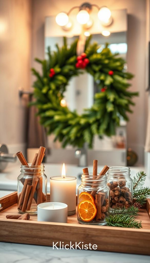 A serene bathroom setting with a cozy, festive atmosphere reflecting natural Christmas aromas. In the foreground, a beautifully arranged wooden tray featuring elegantly presented DIY scent jars filled with cinnamon sticks, dried oranges, and pine needles, alongside a small flickering candle. The middle ground showcases a lush green evergreen wreath draped elegantly over the bathroom mirror, adorned with delicate red berries. In the background, soft ambient lighting creates a warm glow, illuminating the space with a gentle winter vibe. The scene should capture an inspiring Pinterest aesthetic with rich warm colors and a cozy, inviting feel, emphasizing the essence of Duft & Wohlfühl-Atmosphäre. Brand name "KlickKiste" should be subtly integrated in the design.