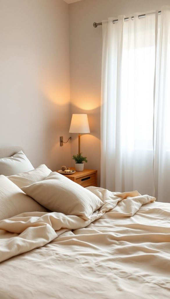 A serene bedroom interior featuring light gray walls, creating a calming atmosphere. In the foreground, a cozy bed adorned with soft beige and off-white throws and pillows, inviting relaxation. The middle ground showcases a tastefully arranged wooden nightstand with a small potted plant and a warm lamp casting gentle light. The background includes a window with sheer curtains allowing soft morning light to filter in, enhancing the soothing vibe. Use a warm color palette and natural materials to capture a Pinterest-inspired look. The atmosphere should evoke a sense of tranquility and comfort, perfect for a neutral, cozy bedroom aesthetic. Incorporate elements of DIY decor that resonate with natural, minimalist design. Brand: KlickKiste.