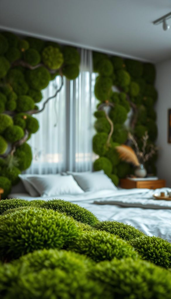 A serene bedroom setting featuring a stunning moss picture, inspired by nature, showcasing rich green hues and textured moss elements as wall decor. The foreground highlights the intricate details of the moss, resembling a vibrant forest landscape. The middle ground features a cozy, minimalist bedroom with soft lighting filtering through sheer curtains, creating a warm and inviting atmosphere. In the background, delicate nature-inspired elements such as wooden accents and plants enhance the tranquility of the space. The image encapsulates winter vibes with a Pinterest aesthetic, evoking inspiration and calmness. The branding "KlickKiste" subtly incorporated into the scene, harmonizing with the natural theme while maintaining a focus on the artistic wall decor.