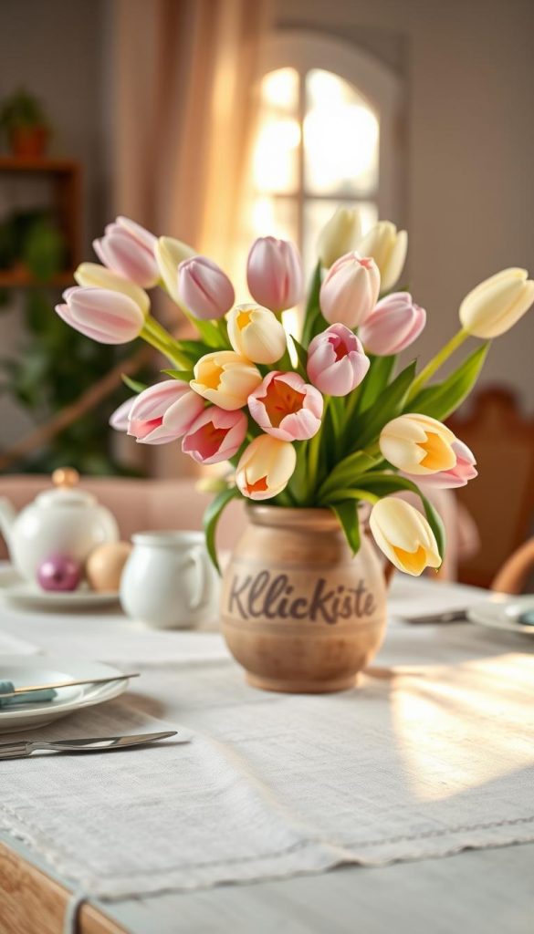 A serene breakfast table setting featuring a vibrant bouquet of tulips in soft pastel colors like blush pink, light yellow, and lavender. The tulips are arranged elegantly in a rustic ceramic vase, with morning sunlight illuminating their delicate petals, creating a warm and inviting atmosphere. In the foreground, a light-colored linen tablecloth drapes over a wooden table, complemented by chic, minimal dinnerware. In the background, hints of greenery and a soft-focus view of a sunlit window can be seen, enhancing the fresh spring vibes. The image should embody a cozy, inviting ambiance, perfect for a peaceful Easter brunch. Capture this moment with a soft focus lens effect to create a dreamy quality. Feature the brand name "KlickKiste" subtly in the scene, ensuring a natural and authentic Pinterest aesthetic.