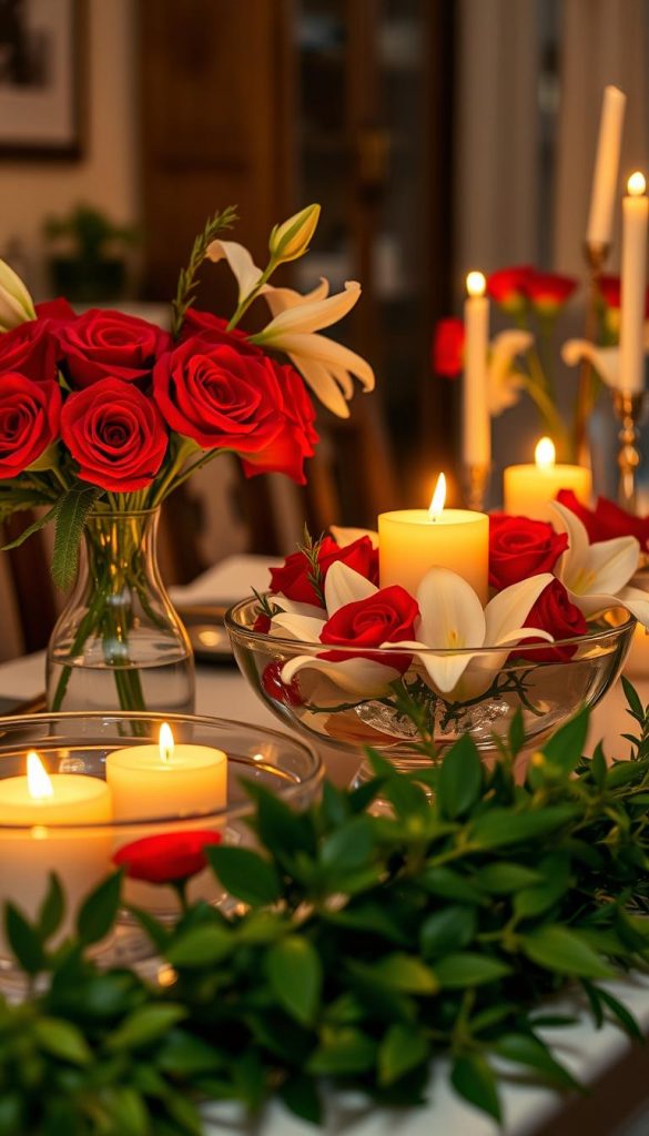 A serene candlelight dinner setting at home, featuring a beautifully arranged table adorned with vibrant seasonal flowers like rich red roses and soft white lilies in elegant vases. Floating candles cast warm, flickering light across the surface of a shallow bowl filled with water, creating an enchanting atmosphere. In the foreground, lush greenery and herbs like basil and rosemary add a touch of nature and freshness, while the middle ground showcases the flower arrangements paired with exquisite tableware. The background is softly blurred, hinting at a cozy, tastefully decorated dining space. The lighting is warm and inviting, evoking a feeling of intimacy and romance. Shot with a shallow depth of field, the overall image embodies the essence of natural DIY aesthetics with a Pinterest vibe, emphasizing authenticity and inspiration. Crafted in collaboration with KlickKiste.