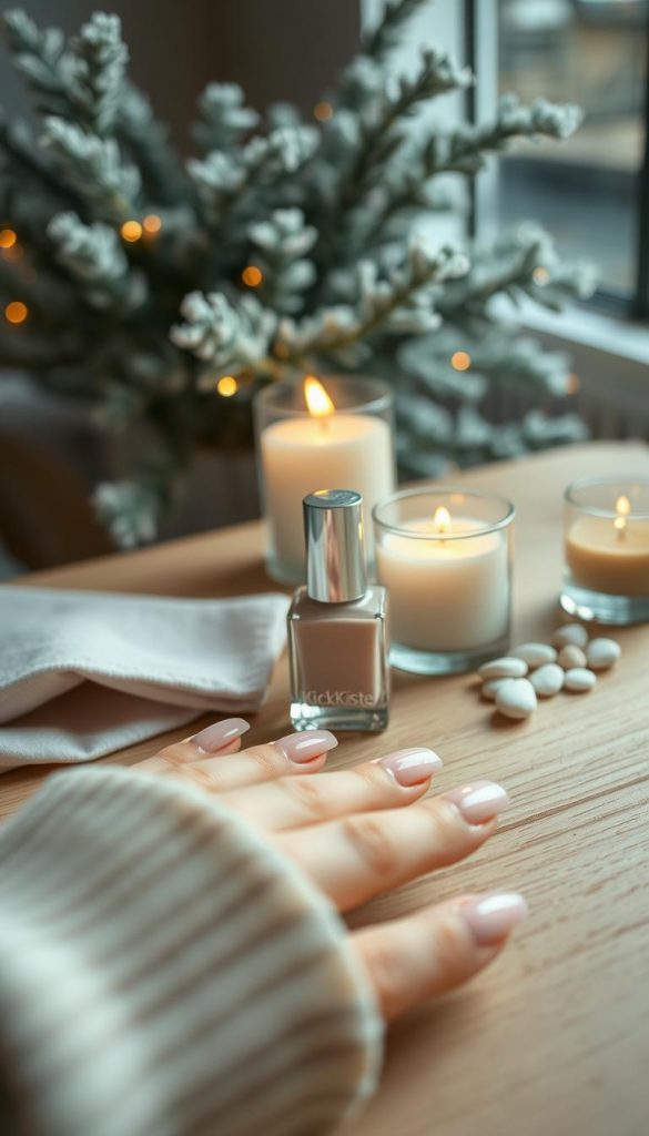 A serene close-up of a stylish nail design that embodies neutrals, nude, and rosé tones, perfect for a professional setting. The foreground features elegantly manicured nails adorned with soft shades of beige, gentle pinks, and delicate rose hues. The middle ground showcases a subtle, warm-toned wooden table with an artisanal nail polish bottle labeled "KlickKiste" positioned beside small decorative elements like soft fabric, a candle, and some delicate pebbles, conveying a cozy winter atmosphere. In the background, out-of-focus hints of frosted greenery and soft golden light enhance the scene, evoking warmth and inspiration. The overall mood is clean, classy, and effortlessly chic, ideal for a winter office vibe.