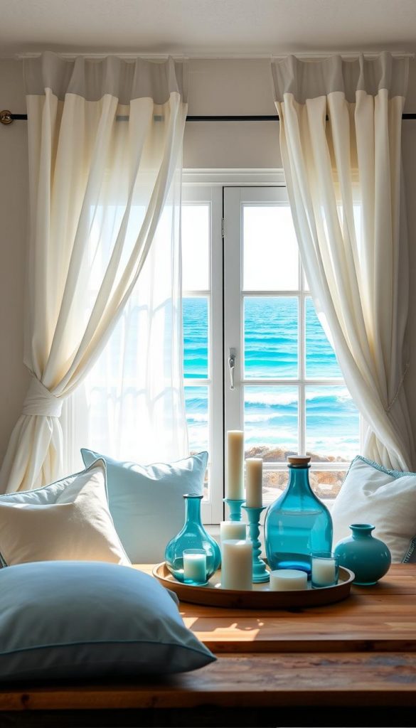 A serene coastal scene inspired by a blues palette, capturing the essence of light, air, and sea for a spring decor theme. In the foreground, include a beautifully arranged collection of light blue and aquamarine decorative items, such as cushions, vases, and candles on a rustic wooden table. The middle ground features a sunlit window with sheer curtains fluttering in the gentle breeze, allowing soft light to filter through. In the background, a calming view of an azure ocean and a coastal landscape with rolling waves and a clear blue sky. The atmosphere is fresh and inviting, evoking a peaceful spring morning by the sea. This image embodies the warmth and natural DIY aesthetic associated with the brand "KlickKiste".