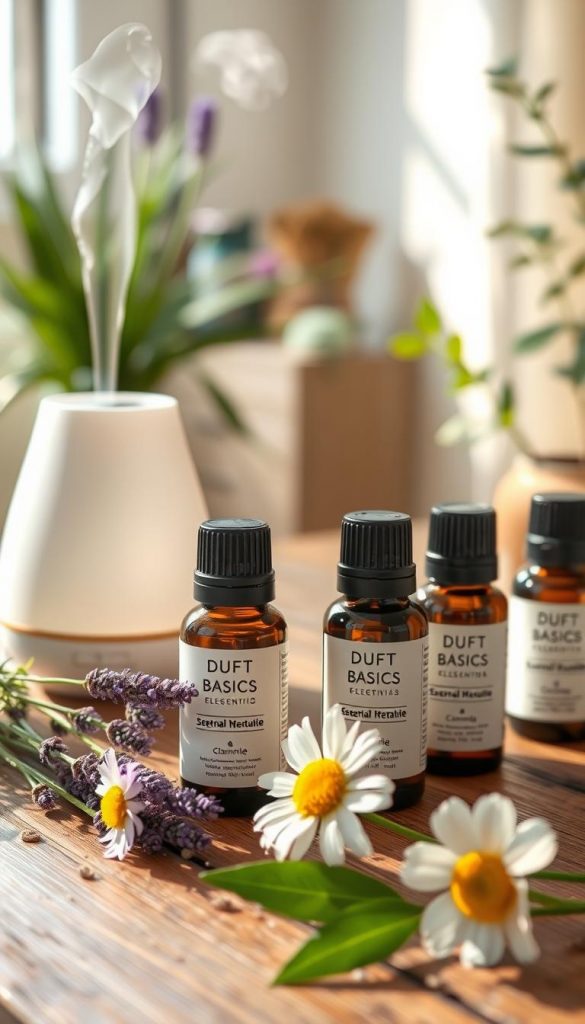 A serene composition featuring an assortment of Duft Basics essential oil bottles with elegant, minimalist designs, elegantly displayed on a rustic wooden table. In the foreground, vibrant spring flowers like lavender and chamomile are arranged alongside the oils, emphasizing a fresh and natural theme. The middle ground showcases a light, airy diffuser releasing a gentle mist, conveying a peaceful atmosphere. Soft natural light filters through a window, creating subtle highlights and shadows that enhance the warm color palette. In the background, hints of green plants and soft, blurred textures evoke a homey vibe, reminiscent of a Pinterest-inspired space. This image embodies an authentic and inspiring interpretation of spring scents, ideal for conveying a sense of wellness and tranquility, highlighting "KlickKiste" products.