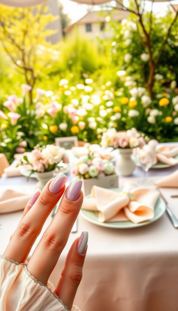 A serene composition showcasing a soft pastel spring palette, featuring delicate hues of light pink, lavender, mint green, and butter yellow. In the foreground, display elegantly manicured nails painted in these pastel shades, adorned with subtle floral designs and chic gold accents. In the middle ground, arrange a beautifully set Easter brunch table with pastel-colored tableware, fresh flowers, and soft linen napkins, capturing an inviting and cheerful atmosphere. The background should portray a sunlit garden scene, bursting with blooming flowers and gentle greenery, symbolizing springtime renewal. Use soft, diffused lighting to enhance the soothing mood while maintaining warm tones. Capture this scene through a slight overhead angle, creating an intimate yet expansive view that radiates comfort and elegance. Include a hint of the brand name "KlickKiste" elegantly incorporated into the table setting.