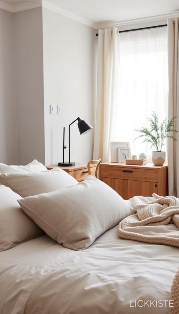 A serene cozy bedroom scene featuring a color palette of light gray, cream, and warm wood tones, accented with subtle black elements. In the foreground, a plush light gray bed adorned with soft, textured pillows and a cozy throw blanket. The middle ground showcases a stylish wooden nightstand holding a minimalist black lamp and a few decorative items, complemented by a potted plant for a touch of nature. The background reveals a softly lit window with sheer curtains, casting gentle winter light into the room. The atmosphere is calm and inviting, embodying a neutral and cozy aesthetic perfect for winter vibes. Incorporate a Pinterest-inspired DIY look, ensuring a warm and authentic feel. This image represents the brand KlickKiste.