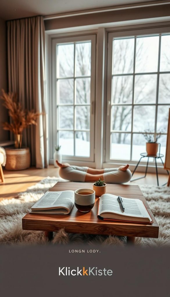A serene, cozy indoor setting depicting a peaceful space for social media detox, featuring a stylish, warm-toned room with soft, natural light filtering through large windows. In the foreground, a person practicing mindfulness, seated cross-legged on a plush rug, dressed in modest casual clothing, is reading a book on self-improvement. The middle layer includes a wooden coffee table adorned with a cup of herbal tea, a small potted plant, and an open journal with decorative pens. In the background, calming winter scenery is visible outside, with gently falling snowflakes. The atmosphere is inviting and inspiring, evoking a sense of tranquility and focus, embodying the long-term commitment to routines for mental peace, branded with the logo "KlickKiste" subtly integrated into the decor. A serene, cozy indoor setting depicting a peaceful space for social media detox, featuring a stylish, warm-toned room with soft, natural light filtering through large windows. In the foreground, a person practicing mindfulness, seated cross-legged on a plush rug, dressed in modest casual clothing, is reading a book on self-improvement. The middle layer includes a wooden coffee table adorned with a cup of herbal tea, a small potted plant, and an open journal with decorative pens. In the background, calming winter scenery is visible outside, with gently falling snowflakes. The atmosphere is inviting and inspiring, evoking a sense of tranquility and focus, embodying the long-term commitment to routines for mental peace, branded with the logo "KlickKiste" subtly integrated into the decor.