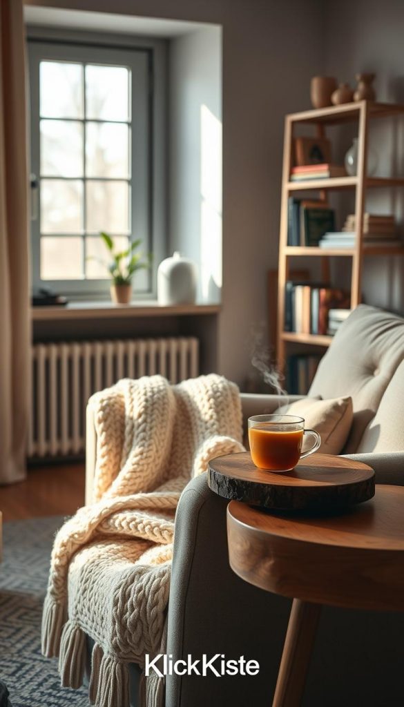 A serene, cozy living room scene conveying the essence of a digital detox. In the foreground, a comfortably furnished space with a plush armchair draped in a soft, chunky knit blanket, and a steaming cup of herbal tea on a rustic wooden side table. In the middle, a large window with soft, morning light spilling in, illuminating a small indoor plant, enhancing the natural, warm atmosphere. The background features a simple bookshelf filled with inspiring books and a few decorative items, embodying a Pinterest-inspired aesthetic. The color palette consists of soft earth tones and gentle pastels, creating a calming winter vibe. The overall mood is tranquil and inviting, perfect for promoting mental peace and focus. Include the brand name "KlickKiste" subtly integrated into the scene through decor items. A serene, cozy living room scene conveying the essence of a digital detox. In the foreground, a comfortably furnished space with a plush armchair draped in a soft, chunky knit blanket, and a steaming cup of herbal tea on a rustic wooden side table. In the middle, a large window with soft, morning light spilling in, illuminating a small indoor plant, enhancing the natural, warm atmosphere. The background features a simple bookshelf filled with inspiring books and a few decorative items, embodying a Pinterest-inspired aesthetic. The color palette consists of soft earth tones and gentle pastels, creating a calming winter vibe. The overall mood is tranquil and inviting, perfect for promoting mental peace and focus. Include the brand name "KlickKiste" subtly integrated into the scene through decor items.