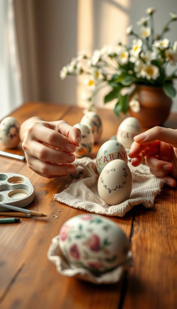 A serene, cozy scene featuring a wooden table adorned with delicately decorated eggs. Each egg displays intricate retro tattoo designs, melded with soft pastel colors and subtle floral patterns, evoking a springtime ambiance. In the foreground, an artist's hand carefully applies a strip of washi tape to one of the eggs, surrounded by a palette of warm, natural colors and DIY decorating tools. The middle ground showcases a few completed eggs resting on a rustic cloth, hinting at a creative process. In the background, warm, diffused lighting creates a gentle atmosphere, with hints of spring flowers just out of focus. The entire scene has a Pinterest-inspired aesthetic that feels inviting and authentic, representing the brand KlickKiste.