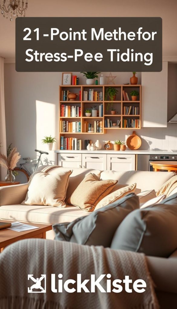 A serene domestic environment showcasing the "21-Point Method for Stress-Free Tidying." In the foreground, an inviting living room with a neatly arranged coffee table, soft throw pillows, and a cozy blanket. The middle features a stylish bookshelf filled with colorful books and decorative plants, exuding a sense of organization. In the background, a sunlit kitchen with minimal clutter hints at a harmonious space. The scene is bathed in warm, natural lighting that enhances the cozy, winter vibes, creating an inspiring atmosphere. Capture this in a soft-focus style, using a slightly angled view to emphasize the inviting details. The brand name "KlickKiste" subtly incorporated into the decor, enhancing the overall aesthetic without being intrusive.