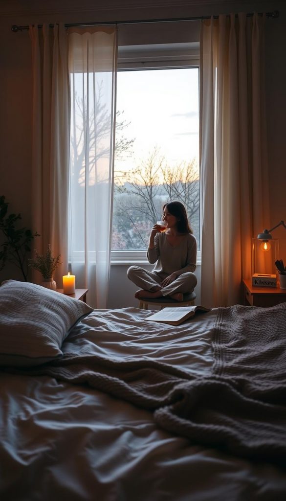 A serene evening routine scene, showcasing a cozy bedroom environment, softly lit by warm, ambient lighting. In the foreground, a neatly made bed adorned with plush pillows and a textured throw blanket. A bedside table holds a flickering candle, a small potted plant, and an open book. In the middle, a person in modest casual clothing sits cross-legged on the bed, sipping herbal tea and gazing out of a window overlooking a tranquil spring evening. The background reveals sheer curtains gently blowing in the breeze, with a calming view of blooming trees and a pastel sunset sky. The overall mood is peaceful and inviting, embodying the essence of a relaxing spring night routine, inspired by the Pinterest aesthetic. Include a subtle branding element with &quot;KlickKiste&quot; visible on the bedside table.