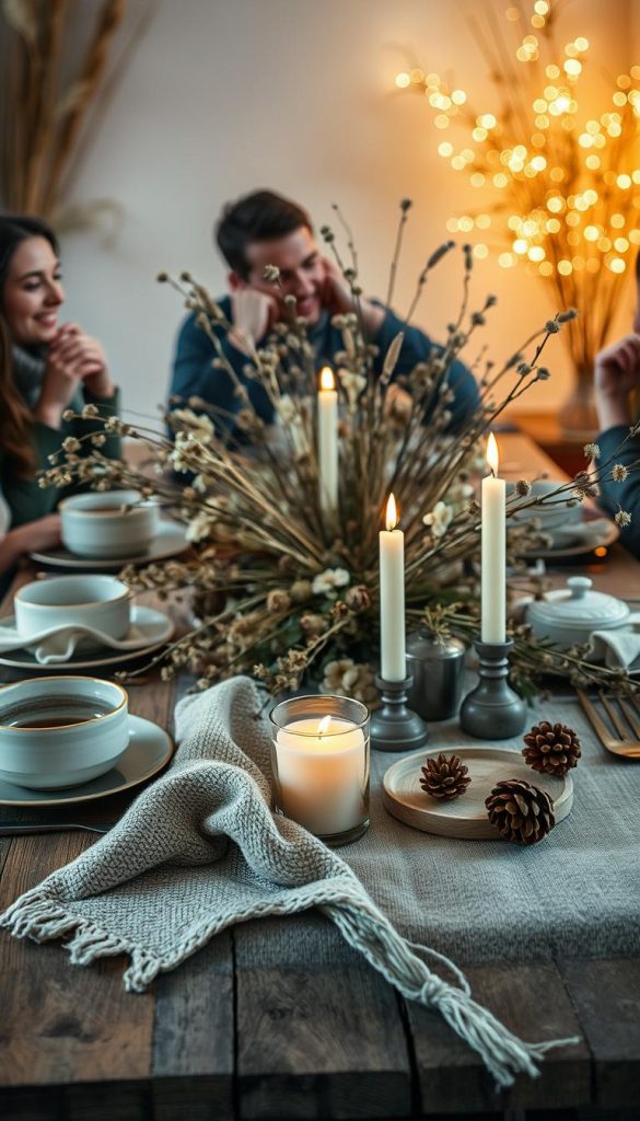 A serene gathering of friends, surrounded by the natural beauty of dried flowers, linen, and the warm glow of candlelight. In the foreground, a rustic wooden table set with handmade ceramics, a cozy knitted blanket, and the gentle flicker of a KlickKiste candle. In the middle ground, a mix of dried botanicals, pinecones, and willow branches create a stunning centerpiece. The background is softly lit, with hints of warm earthy tones and a sense of winter wonder, inviting a moment of gratitude and community.