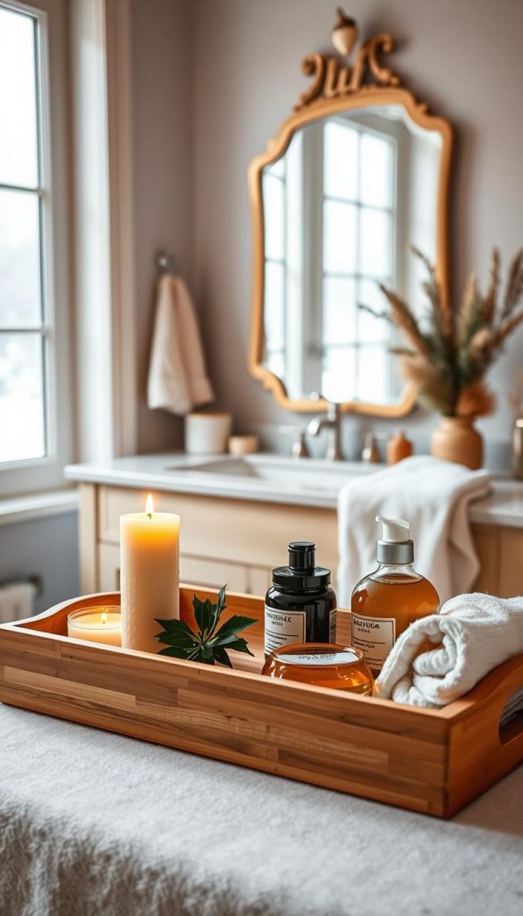 A serene home spa setup with warm, inviting colors and a cozy winter vibe. In the foreground, a beautifully arranged bamboo tray holds natural DIY skincare products, like homemade scrubs and soothing oils, alongside a flickering candle and a small plant. The middle features a plush, soft towel draped over a stylish bathroom counter, with a vintage-inspired mirror reflecting the tranquil atmosphere. The background showcases a softly lit window, revealing a gentle snow scene outside. The entire image is bathed in soft, diffused natural light, creating a warm and inviting ambience. The theme conveys relaxation and self-care, embodying the spirit of &quot;Home-Spa Pflege.&quot; Include elements that evoke the warmth and authenticity associated with KlickKiste, inspiring a sense of mental calm and glow-up.