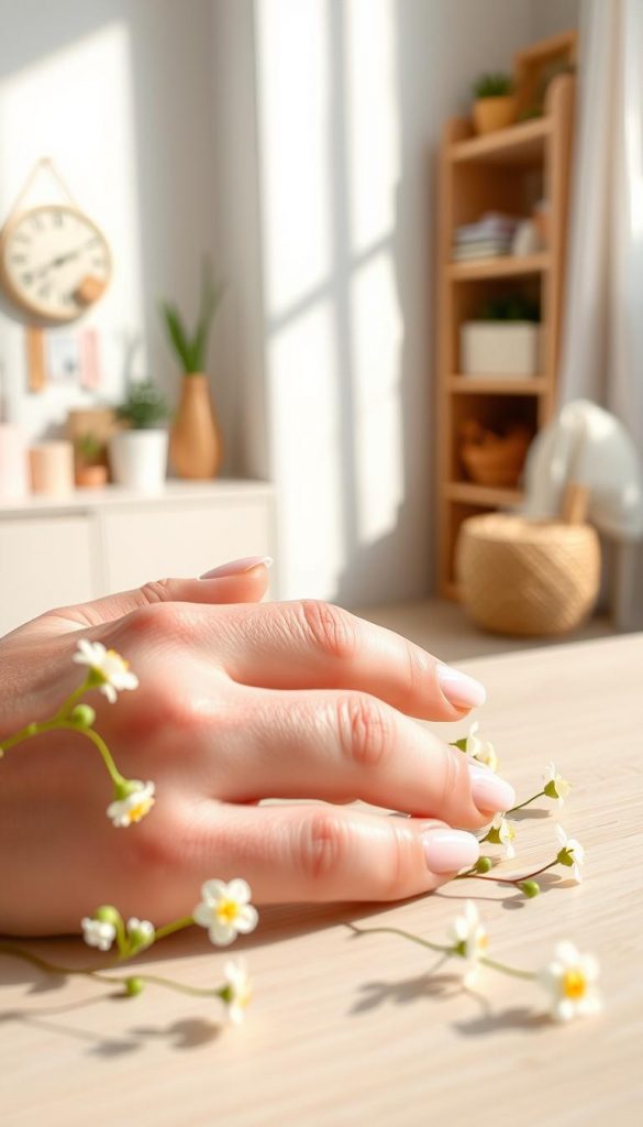 A serene image showcasing a close-up view of short gel nails, featuring intricate and clean designs perfect for daily wear. The nails are elegantly manicured, exhibiting a variety of pastel spring colors, with shiny, chip-free finishes that reflect light softly. In the foreground, focus on a well-groomed hand resting on a light wooden surface, surrounded by small, fresh spring flowers and natural elements, creating a warm and inviting atmosphere. The background is softly blurred, highlighting a cozy, well-lit workspace with minimalist decor, enhancing the DIY aesthetic. Soft, diffused lighting casts gentle shadows to add depth, creating a soothing and inspirational vibe. The brand name &quot;KlickKiste&quot; subtly integrated into the scene.