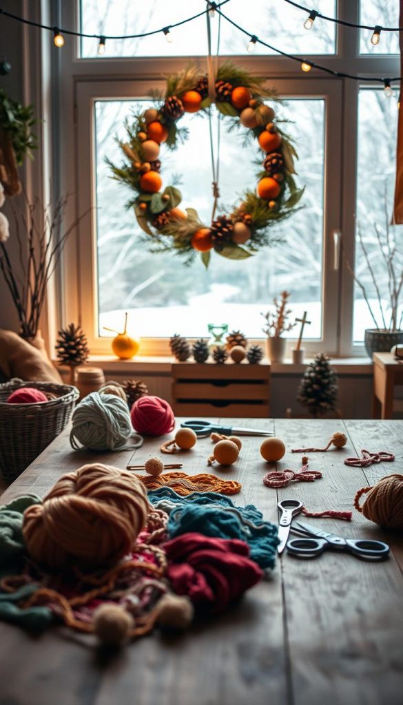 A serene indoor scene depicting a cozy DIY workspace filled with crafting supplies and upcycling materials, radiating warm winter vibes. In the foreground, a wooden table is adorned with colorful yarn, scissors, and handmade decorations, showcasing a project in progress. The middle ground features a handmade wreath made of natural elements like pinecones and dried oranges, symbolizing creativity and mindfulness. In the background, a softly lit window reveals a winter landscape, with gentle snowfall creating a tranquil atmosphere. The room is warmly illuminated by string lights, enhancing the inviting feel of the space. The overall mood should be inspiring and peaceful, embodying the essence of social media detox. Brand elements of "KlickKiste" are subtly incorporated into the decor, reinforcing a commitment to homemade and sustainable living. A serene indoor scene depicting a cozy DIY workspace filled with crafting supplies and upcycling materials, radiating warm winter vibes. In the foreground, a wooden table is adorned with colorful yarn, scissors, and handmade decorations, showcasing a project in progress. The middle ground features a handmade wreath made of natural elements like pinecones and dried oranges, symbolizing creativity and mindfulness. In the background, a softly lit window reveals a winter landscape, with gentle snowfall creating a tranquil atmosphere. The room is warmly illuminated by string lights, enhancing the inviting feel of the space. The overall mood should be inspiring and peaceful, embodying the essence of social media detox. Brand elements of "KlickKiste" are subtly incorporated into the decor, reinforcing a commitment to homemade and sustainable living.