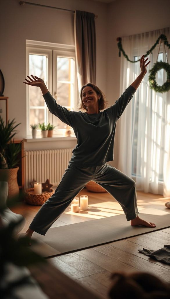 A serene indoor scene depicting a warm, cozy space designed for self-care and movement. In the foreground, a person in comfortable, modest clothing gracefully stretches, showcasing the beauty of body movement. Their expression radiates joy and tranquility. The middle ground features a softly lit yoga mat, scattered with candles and plants, creating an inviting atmosphere. In the background, a window allows gentle sunlight to pour in, casting a warm glow across the room, complemented by winter decorations and soft textures. The overall mood is peaceful and inspiring, encouraging self-love and mindfulness. This image should convey a sense of mental calmness and rejuvenation, in line with the theme of self-care rituals. Captured with a soft focus lens to enhance warmth and intimacy, perfect for a lifestyle feature by KlickKiste.