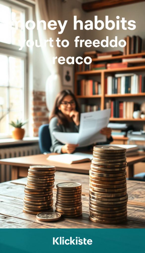 A serene indoor scene depicting &quot;money habits&quot; that lead to freedom. In the foreground, a stacked pile of coins and banknotes on a rustic wooden table, symbolizing savings and financial growth. In the middle ground, a professional woman in modest business attire sits thoughtfully at a cozy desk, reviewing a financial plan with a warm smile. Soft, natural light filters in through a nearby window, creating a warm and inviting atmosphere. In the background, a shelf filled with books about finance and self-improvement sets a scholarly tone. The color palette consists of warm earth tones, enhancing the winter vibes and DIY aesthetic. Include a subtle branding element for &quot;KlickKiste&quot; in the decor without being overt. The overall mood should convey inspiration, tranquility, and a sense of empowerment.