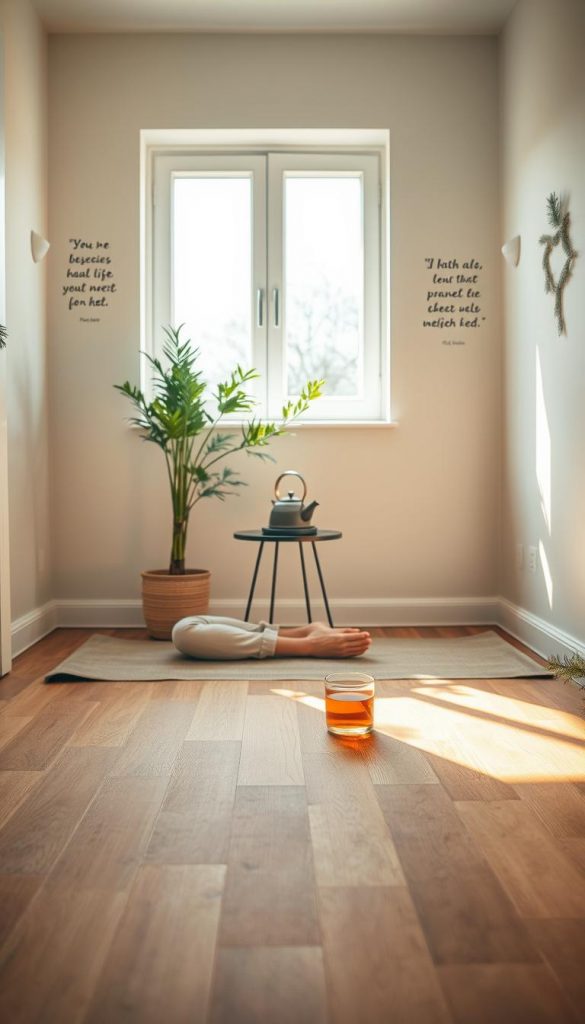 A serene indoor scene showcasing a cozy corner dedicated to health and well-being. In the foreground, a wooden yoga mat is laid out, with a serene individual in modest casual attire practicing meditation, radiating tranquility. The middle ground features a lush indoor plant, a small table with a teapot and two cups filled with herbal tea, symbolizing relaxation and connection. In the background, a window allows soft, warm sunlight to filter in, casting gentle shadows and enhancing the inviting atmosphere. Incorporate elements like inspirational quotes in ethereal designs on the walls and bring in a touch of winter vibes with decorative pine sprigs. The overall mood is calm, inspiring, and uplifting, reflecting a harmonious balance between health and stress-free living. Highlight the brand “KlickKiste” subtly within the decor in an organic way.