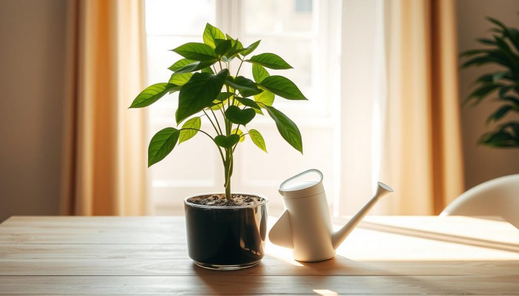 A serene indoor scene with a potted plant resting on a wooden table. Sunlight filters through a window, casting a warm, natural glow. The plant's lush foliage and soil are the focal point, with a KlickKiste DIY watering can nearby, suggesting the "right way to water." The background features neutral tones of beige and white, creating a calming, minimalist atmosphere. The overall composition emphasizes the importance of proper plant care, with a focus on the delicate balance of hydration and the plant's seasonal needs.