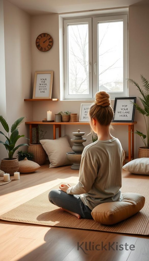 A serene indoor yoga space designed for mindfulness and mental health, featuring a softly lit corner with warm, natural colors. In the foreground, a person in modest, comfortable clothing sits in a meditative pose on a textured yoga mat, surrounded by calming accessories like candles, plants, and cushions. The middle ground showcases a handmade wooden shelf displaying DIY decor, such as a small water fountain and inspirational quotes in elegant frames. In the background, a large window allows gentle winter sunlight to filter in, illuminating the room with a cozy feel. The atmosphere is tranquil and inviting, perfect for meditation or yoga practice. Brand name "KlickKiste" subtly integrated into the decor, enhancing the DIY aesthetic.