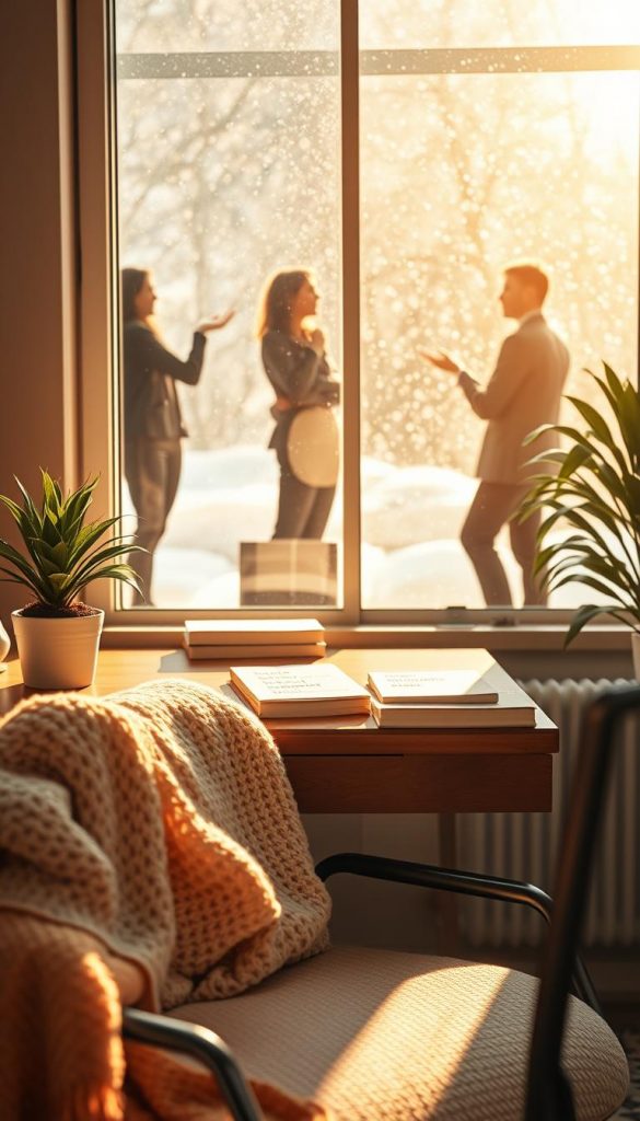 A serene, inspiring scene representing "Themen die dich stärken mindset". In the foreground, a cozy workspace is filled with warm, natural light, showcasing a neatly arranged desk with affirmations cards about self-love, resilience, and abundance. A soft, knitted throw drapes over the chair, and a bubbling plant adds a touch of nature. In the middle ground, silhouettes of people in professional attire engage in uplifting discussions, radiating positivity and connection. The background features a window with snowflakes gently falling outside, capturing a tranquil winter vibe. The overall atmosphere feels warm and inviting, evoking a sense of calm and strength. Emphasize earthy tones with soft golden lighting to enhance the cozy ambiance. Incorporate the brand name "KlickKiste" subtly in the layout.