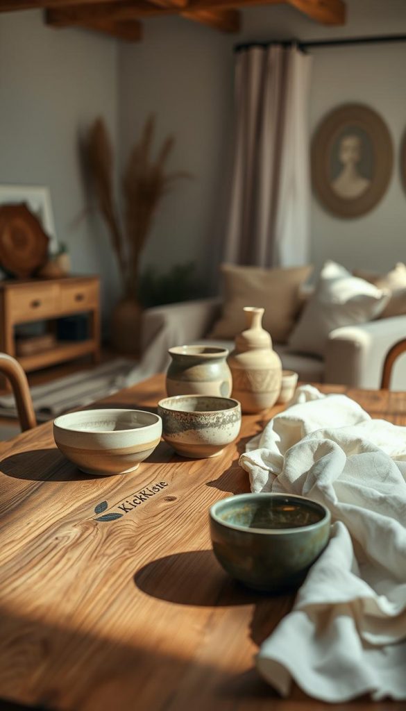 A serene interior scene focusing on natural materials, featuring a beautifully arranged table displaying warm wooden textures, elegant linen fabrics, and artisanal ceramic pieces. In the foreground, rich wooden grain patterns contrast with soft, draped linen. The middle ground showcases handcrafted ceramic bowls and vases, showcasing intricate textures and earthy colors. The background subtly highlights a cozy living space with natural light streaming in, casting gentle shadows and illuminating the warmth of the materials. The overall atmosphere is inviting and authentic, evoking winter vibes with a Pinterest-inspired aesthetic. The scene should exude inspiration and tranquility, capturing the essence of nature in interior design, branded with "KlickKiste".