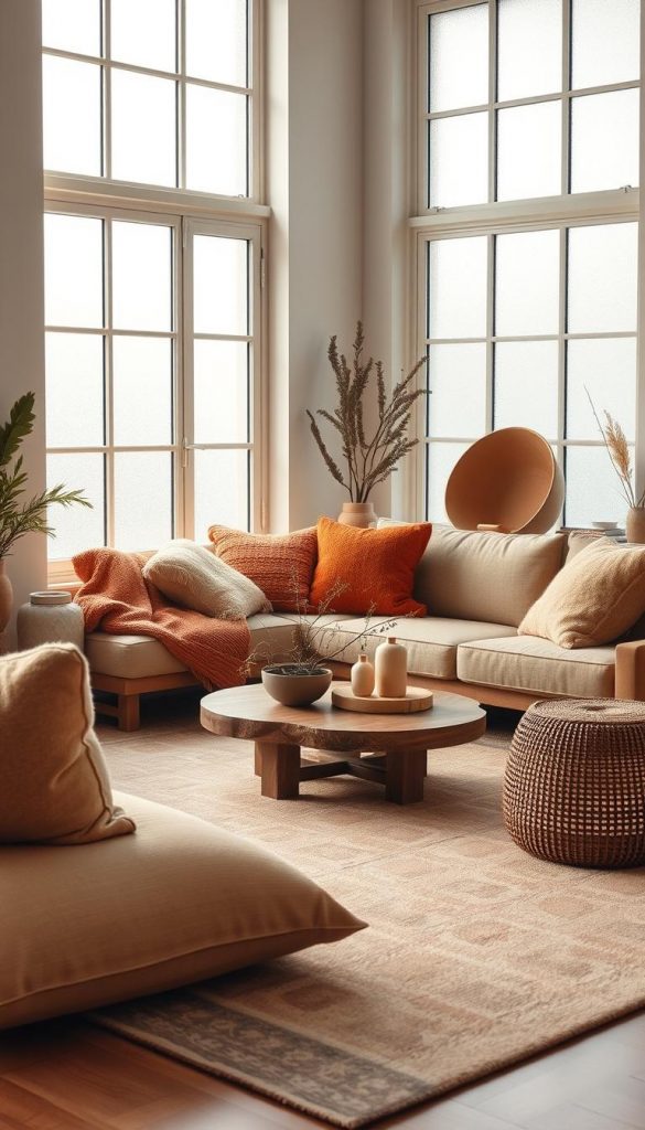 A serene interior space reflecting the 2026 color trends, showcasing a harmonious palette of warm tones and neo-neutrals. In the foreground, a cozy seating area with plush, textured cushions in shades of terracotta and soft beige, complemented by a handcrafted wooden coffee table adorned with natural decor elements. The middle ground features a stylish rug with geometric patterns that evoke a sense of depth and warmth. In the background, large windows bathe the room in soft, diffused natural light, highlighting the winter vibes through frosted glass. Authentic and inspiring, the scene embodies a DIY aesthetic with a Pinterest-worthy look. The overall mood is tranquil and inviting, perfect for a relaxing retreat. This composition is curated by KlickKiste.