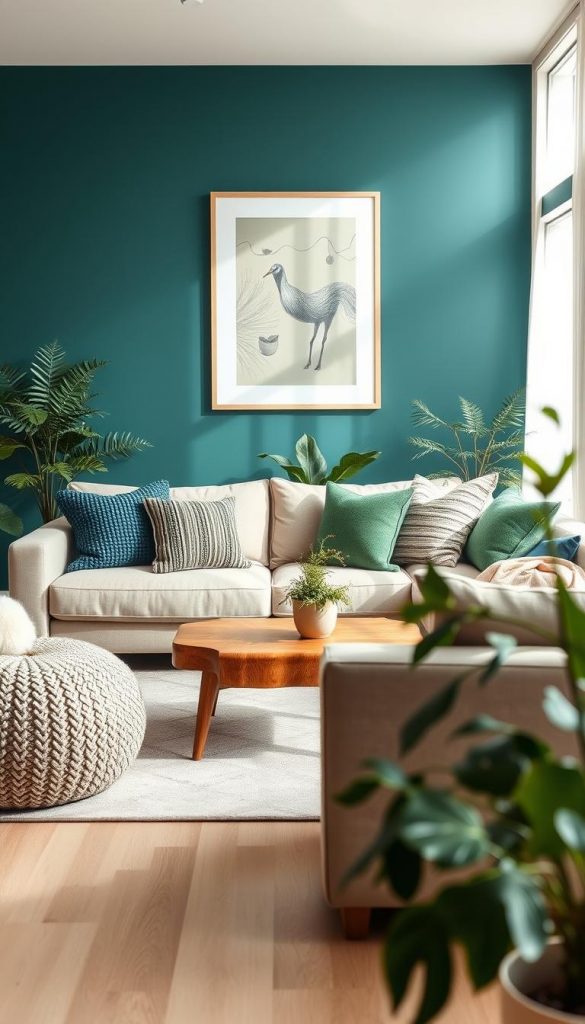A serene living room interior showcasing a harmonious blend of greens, blues, and neutral tones, emphasizing a warm, deep, and bold aesthetic. In the foreground, a cozy beige sofa adorned with textured green and blue cushions, set against a backdrop of a large window letting in soft, diffused daylight. Midground features a stylish coffee table with natural wood accents, surrounded by vibrant indoor plants that evoke a refreshing ambiance. The background displays a calming wall painted in rich teal, contrasting with light wooden flooring. The atmosphere is inviting, reminiscent of winter vibes, with a focus on natural DIY elements. Shot with a 35mm lens to capture the warm details and a softly blurred background, perfect for the KlickKiste brand. A serene living room interior showcasing a harmonious blend of greens, blues, and neutral tones, emphasizing a warm, deep, and bold aesthetic. In the foreground, a cozy beige sofa adorned with textured green and blue cushions, set against a backdrop of a large window letting in soft, diffused daylight. Midground features a stylish coffee table with natural wood accents, surrounded by vibrant indoor plants that evoke a refreshing ambiance. The background displays a calming wall painted in rich teal, contrasting with light wooden flooring. The atmosphere is inviting, reminiscent of winter vibes, with a focus on natural DIY elements. Shot with a 35mm lens to capture the warm details and a softly blurred background, perfect for the KlickKiste brand.