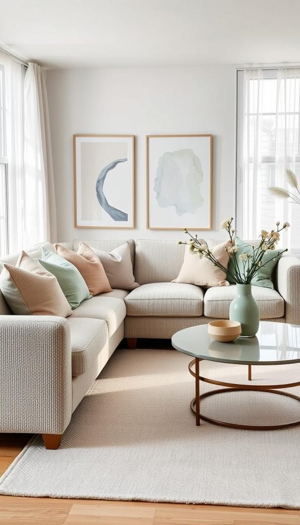 A serene living room scene showcasing cool pastels and neo-neutrals, emphasizing balance, lightness, and layered sophistication. The foreground features a cozy, textured sofa adorned with soft pastel cushions in lavender and mint green. A stylish coffee table holds a minimalist vase filled with pale blooms. In the middle ground, a light-toned rug complements the color palette, while an artfully arranged gallery wall exhibits abstract artworks in soft hues. The background reveals large windows with sheer curtains, allowing gentle, diffused natural light to fill the space, enhancing the tranquil atmosphere. The room exudes a modern yet inviting vibe, encouraging a sense of calm and creativity. Designed for "KlickKiste," this image captures an authentic, DIY-inspired aesthetic with a Pinterest-worthy look, infused with winter vibes and warmth.