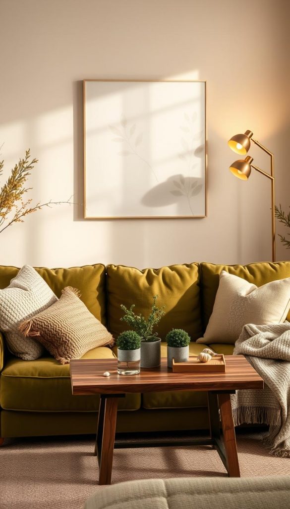 A serene living room setting featuring a range of olive shades, designed to evoke warmth and comfort. In the foreground, a plush olive-green sofa adorned with textured cushions in varying shades of muted green and soft beige invites relaxation. The middle ground showcases a rustic wooden coffee table with small potted plants and a cozy throw blanket, enhancing the natural vibe. The background reveals soft, organic wall art that reflects subtle leaf motifs, providing depth and interest without overwhelming the space. Warm, diffused lighting from an elegant floor lamp casts gentle shadows, creating an inviting atmosphere. The overall mood conveys a stylish yet homely feel, perfect for contemporary interior design inspiration. The image embodies the essence of KlickKiste with its authentic, Pinterest-inspired aesthetic that melds natural DIY elements with a winter vibe. A serene living room setting featuring a range of olive shades, designed to evoke warmth and comfort. In the foreground, a plush olive-green sofa adorned with textured cushions in varying shades of muted green and soft beige invites relaxation. The middle ground showcases a rustic wooden coffee table with small potted plants and a cozy throw blanket, enhancing the natural vibe. The background reveals soft, organic wall art that reflects subtle leaf motifs, providing depth and interest without overwhelming the space. Warm, diffused lighting from an elegant floor lamp casts gentle shadows, creating an inviting atmosphere. The overall mood conveys a stylish yet homely feel, perfect for contemporary interior design inspiration. The image embodies the essence of KlickKiste with its authentic, Pinterest-inspired aesthetic that melds natural DIY elements with a winter vibe.