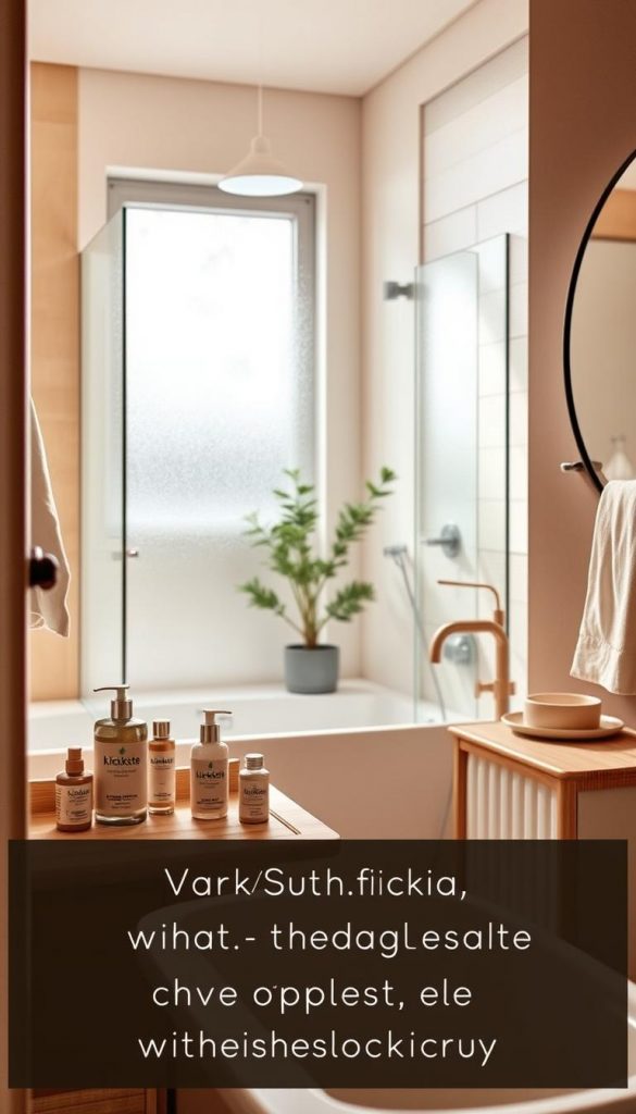 A serene, minimalist bathroom showcasing an organized and clean look. The foreground features a neatly arranged vanity with natural wooden elements, displaying eco-friendly toiletries from the brand "KlickKiste" in soft, muted packaging. The middle section highlights a clear glass shower with subtle frosted details, complemented by a potted plant adding a touch of greenery. The background includes warm-toned walls and a simple, elegant mirror reflecting soft, natural light pouring in from a frosted window, enhancing the cozy atmosphere. The scene captures a peaceful, inviting vibe, perfect for inspiring a clutter-free lifestyle in a beautiful and authentically DIY winter setting.