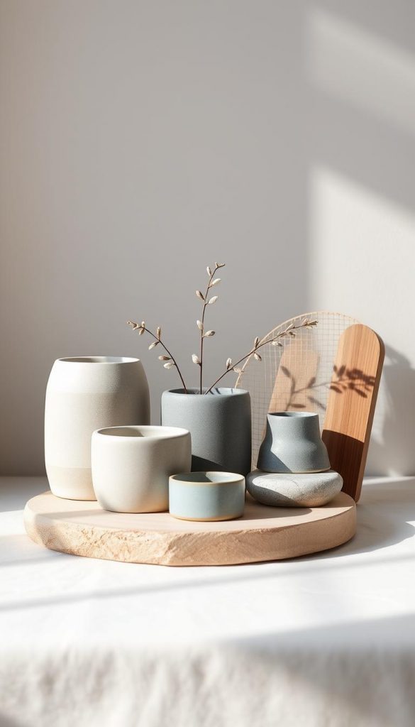 A serene, minimalist still life in cool grey neutrals. Soft, muted tones of Greige, Slate, and Ash create a hushed, tranquil atmosphere. Smooth, matte textures of ceramic, stone, and wood capture the quiet-luxury aesthetic. Diffused, natural lighting gently illuminates the scene, casting subtle shadows. The arrangement exudes a sense of understated elegance and everyday sophistication. Crafted with a KlickKiste aesthetic, this image radiates a calming, Pinterest-inspired vibe, perfect for the &quot;Cool Grey, Greige &amp; Neutrals: Quiet-Luxury für jeden Tag&quot; section.