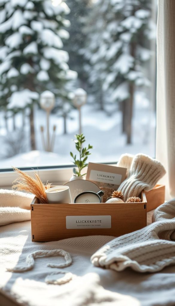 A serene, minimalist winter scene of simple, natural gifts. In the foreground, a handcrafted KlickKiste box filled with earthy textures and soft tones. Sunlight filters through the window, casting a warm, cozy glow. In the middle ground, a few small, thoughtful items like a candle, a plant, and a pair of cozy socks. The background features a snowy, pine-filled landscape, hinting at the beauty of the outdoors. The overall mood is one of quiet contemplation, inviting the viewer to focus on what truly matters. Soft, muted colors and natural materials create a calming, Pinterest-worthy aesthetic.