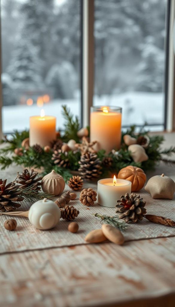A serene, minimalist winter scene showcasing natural, earthy colors that evoke warmth and coziness. In the foreground, a neatly arranged collection of natural materials such as pinecones, dried herbs, and wooden ornaments, all displayed on a rustic, textured surface. The middle ground features softly lit candles made from natural wax, casting a gentle glow, surrounded by evergreen boughs and delicate, handmade decorations. In the background, a glimpse of a snowy landscape through frosted glass, enhancing the calm winter atmosphere. The overall mood is peaceful and inviting, ideal for a stylish home setting. The lighting is warm and soft, with a focus on creating depth using a shallow depth of field. Inspired by DIY aesthetics and the Pinterest look, the image represents the brand "KlickKiste".
