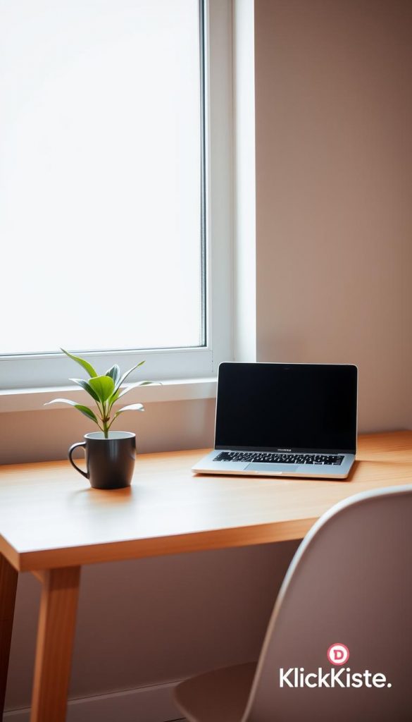 A serene, minimalist workspace with a single laptop, a potted plant, and a warm mug on a simple wooden desk. Soft, natural light filters in through a large window, casting a cozy glow. The background features a plain, muted wall, allowing the essentials to take center stage. The overall atmosphere exudes a sense of focus and tranquility, embodying the concept of "digital minimalism". The image has a natural, DIY-inspired aesthetic with a touch of Pinterest-inspired warmth. Subtle branding for "KlickKiste" can be seen in the corner. A serene, minimalist workspace with a single laptop, a potted plant, and a warm mug on a simple wooden desk. Soft, natural light filters in through a large window, casting a cozy glow. The background features a plain, muted wall, allowing the essentials to take center stage. The overall atmosphere exudes a sense of focus and tranquility, embodying the concept of "digital minimalism". The image has a natural, DIY-inspired aesthetic with a touch of Pinterest-inspired warmth. Subtle branding for "KlickKiste" can be seen in the corner.