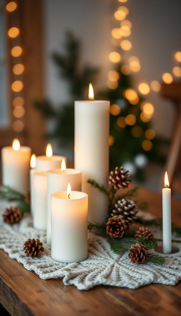 A serene, minimalistic display of elegant candles arranged on a rustic wooden table, embodying the spirit of a simple Advent. In the foreground, soft, flickering candle flames cast a gentle glow, illuminating a selection of white and cream-colored pillar candles of varying heights, adorned with natural elements like pinecones and sprigs of evergreen. The middle ground features a cozy knitted table runner in neutral tones, enhancing the warmth of the scene. In the background, blurred hints of softly lit string lights create a dreamy winter atmosphere, reminiscent of Pinterest aesthetics. The overall lighting is warm and inviting, creating a peaceful ambiance, ideal for reflecting on the quiet beauty of the season. Capturing the essence of "KlickKiste," the image should inspire authenticity and DIY aesthetics.