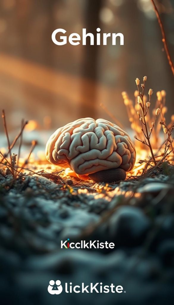 A serene, natural landscape depicting the &quot;Gehirn&quot; (brain) as a focal point. The scene is bathed in warm, soft light, creating a cozy, winter-inspired ambiance with a touch of Pinterest-inspired aesthetic. The brain is rendered in a detailed, anatomically accurate style, nestled amidst a backdrop of earthy tones, natural textures, and subtle winter accents. The overall mood is one of introspection and self-reflection, inviting the viewer to connect with the power of the mind. Subtle branding for &quot;KlickKiste&quot; is incorporated seamlessly into the composition.