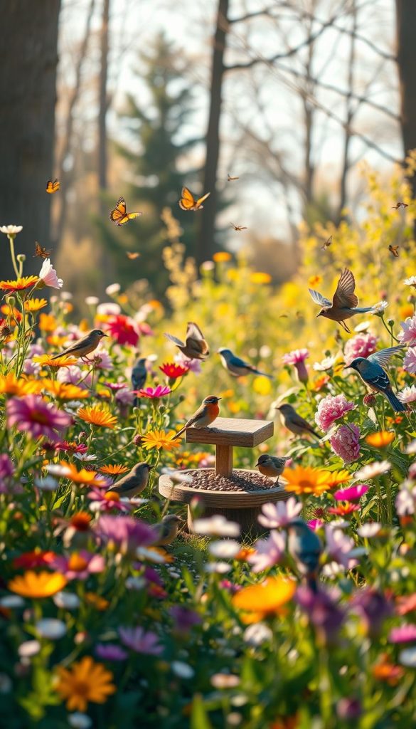 A serene nature garden scene filled with various cheerful birds, such as sparrows, robins, and blue jays, perched among vibrant blooming flowers and lush green foliage. In the foreground, colorful wildflowers sway gently in a warm, golden sunlight that creates a soft, inviting atmosphere. The middle ground features a small wooden bird feeder surrounded by scattered seeds, and playful butterflies flit about. In the background, tall, sun-dappled trees frame the scene, creating a sense of tranquility. Capture the essence of early spring with soft, natural lighting and a slightly blurred depth of field to evoke a cozy, inspirational mood. This image should resonate with the theme of nurturing nature and inspire viewers, reflecting the natural DIY aesthetic associated with “KlickKiste.”