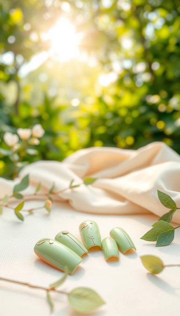 A serene, nature-inspired scene featuring three shades of pastel green: matcha, pistachio, and sage, representing fresh spring vibes. In the foreground, elegant nail designs adorned with artistic patterns and textures incorporating these pastel greens, arranged on a soft, light-colored surface. In the middle ground, delicate leaves and soft fabrics in complementary shades, creating a warm, inviting ambiance. The background softly blurs to depict a dreamy, sunlit garden, with dappled sunlight filtering through lush foliage, enhancing the natural feel. The overall atmosphere is calming and refreshing, evoking a sense of renewal and creativity, perfect for inspiring DIY enthusiasts. The image should reflect the brand "KlickKiste" with an authentic, Pinterest-worthy aesthetic, emphasizing warmth and connection to nature. Suitable lighting captures the pastel hues in all their glory, promoting a sense of tranquility.