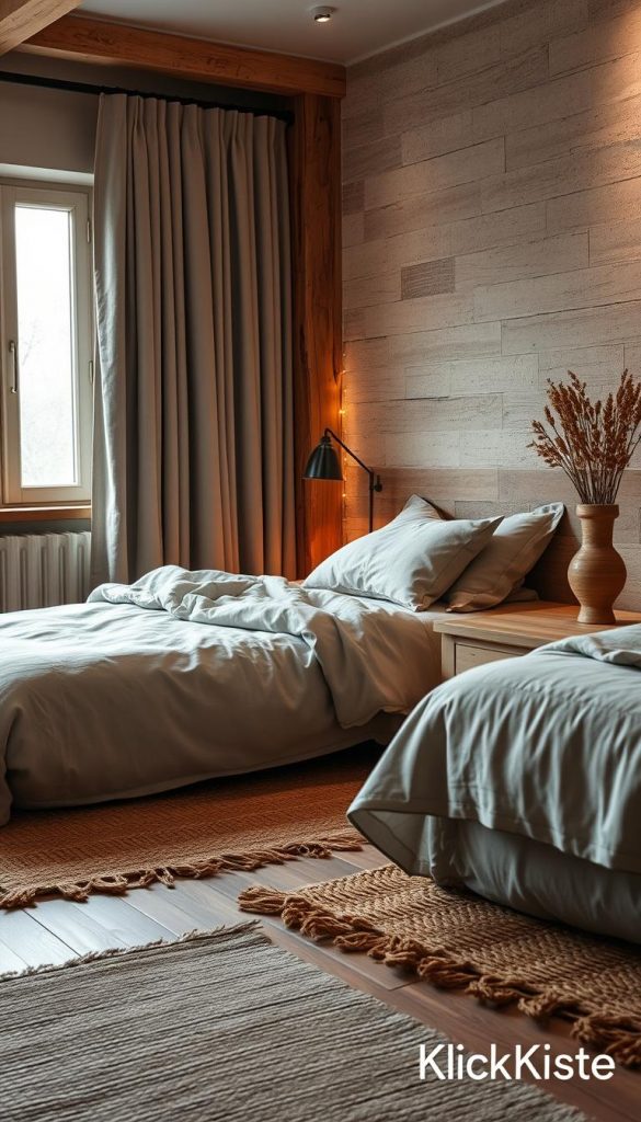 A serene neutral bedroom featuring rustic and natural elements, with a focus on reclaimed wood accents. In the foreground, a cozy linen-covered bed adorned with heavy curtains draping softly at the windows. Earthy-toned handwoven rugs add warmth to the room's wooden floor. The middle ground showcases a bedside table with a natural wood finish, adorned with a simple vase of dried flowers. In the background, soft warm lighting creates an inviting atmosphere, illuminating the textured walls and enhancing the winter vibes. The scene conveys a Pinterest-worthy aesthetic, exuding authenticity and inspiration, branded with "KlickKiste". Capture this inviting space from a slightly elevated angle to provide depth and perspective, showcasing the cozy layers of decor.