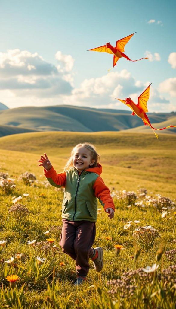 A serene outdoor scene capturing the essence of "drachen wind walk." In the foreground, two children, dressed in modest, colorful jackets and pants, are joyfully flying vibrant kites shaped like dragons, their laughter echoing in the air. The middle ground features a lush green field sprinkled with blooming wildflowers, symbolizing the arrival of spring. A gentle breeze causes the kites to flutter in the sky, adding movement to the scene. In the background, soft rolling hills and a clear blue sky with fluffy white clouds create a tranquil atmosphere. Warm sunlight casts a golden hue over the landscape, enhancing the mood of adventure and exploration. The overall composition showcases the joy of outdoor activities, embodying the spirit of KlickKiste’s natural DIY aesthetic, with a Pinterest-inspired look.