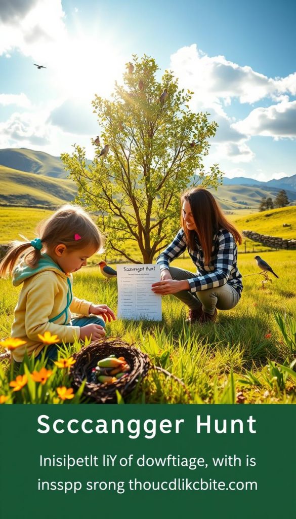 A serene outdoor scene depicting a family engaging in nature discovery, set in a lush, vibrant spring landscape. In the foreground, two children, dressed in casual outdoor clothing, excitedly examine a colorful bird's nest with bright, warm colors surrounding them. In the middle, a parent, also in casual attire, kneels beside a scavenger hunt list, pointing at a tree filled with chirping birds, with the sun filtering through the leaves, creating dappled light. The background features rolling hills and a sparkling blue sky with fluffy white clouds, enhancing the cheerful atmosphere. The overall mood is joyful and explorative, capturing the spirit of outdoor family activities inspired by a nature-focused adventure. The image embodies the warm, inviting aesthetic of KlickKiste, with a natural DIY look perfect for inspiring spring outings.
