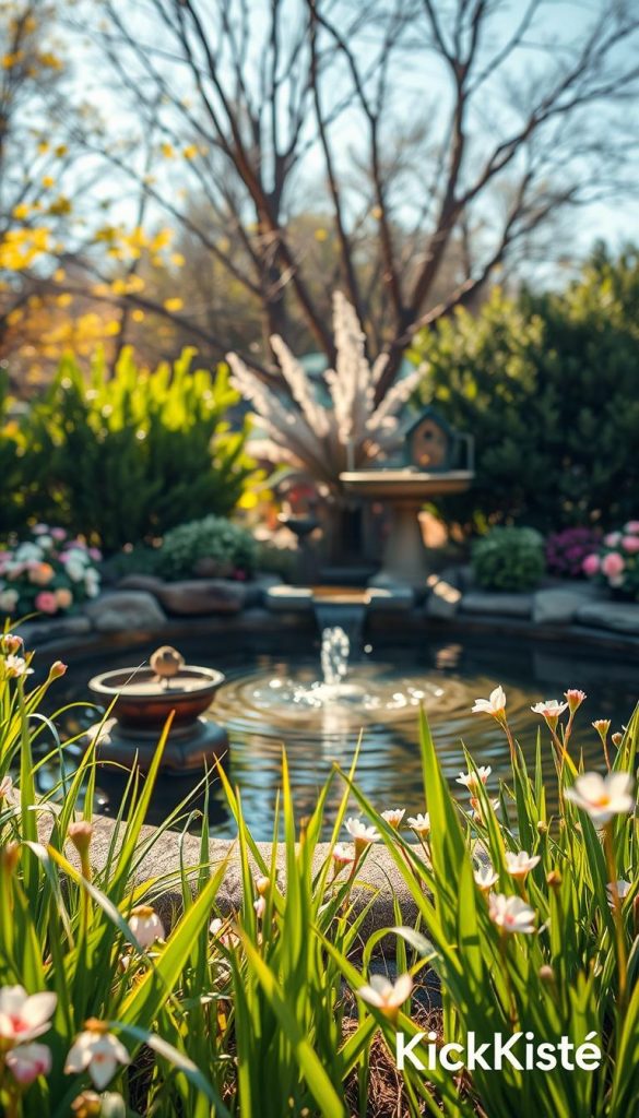 A serene outdoor scene featuring a tranquil water feature, such as a small pond or a gently flowing fountain, surrounded by vibrant spring flora. In the foreground, lush green grasses sway softly, while delicate flowers bloom in soft pastel colors. The middle ground showcases a rustic birdbath and charming birdhouses, inviting local wildlife, with birds perching and drinking at the water's edge. In the background, a soft blur of trees and shrubs complements the bright blue sky, casting dappled sunlight on the scene. The lighting is warm and inviting, creating a cozy, welcoming atmosphere reminiscent of a Pinterest inspiration board. The image embodies the essence of spring decoration, with a natural DIY vibe. The branding "KlickKiste" subtly integrated into the scene through eco-friendly elements.