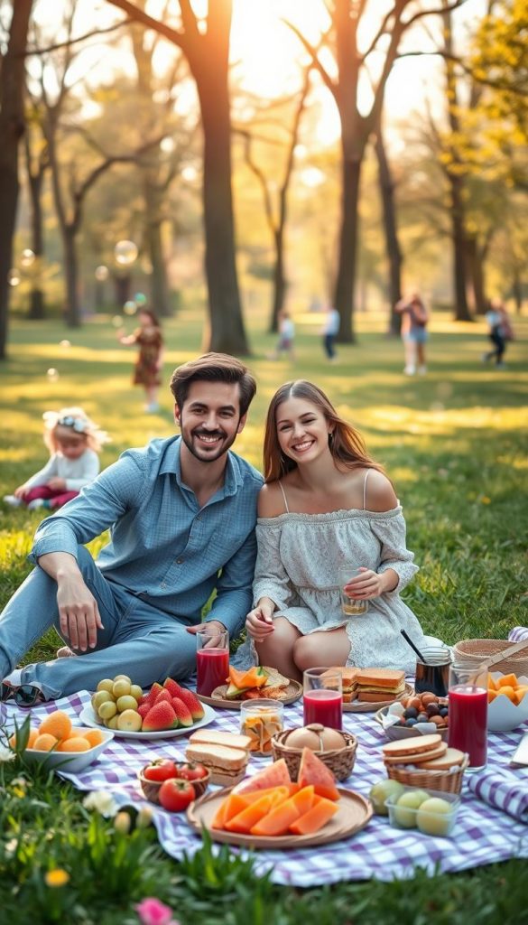 A serene park picnic scene during spring, featuring a spread of colorful fruits, sandwiches, and drinks laid out on a stylish picnic blanket. In the foreground, a young couple in modest casual clothing smiles and enjoys their meal, surrounded by blooming flowers and lush green grass. The middle ground includes a few playful children chasing bubbles and a couple of people strolling by, adding life to the atmosphere. In the background, tall trees are softly illuminated by warm, golden sunlight filtering through the leaves, casting gentle shadows on the ground. The image has a soft focus and warm color palette reminiscent of a Pinterest aesthetic, creating an authentic and inspiring vibe, in line with "KlickKiste".