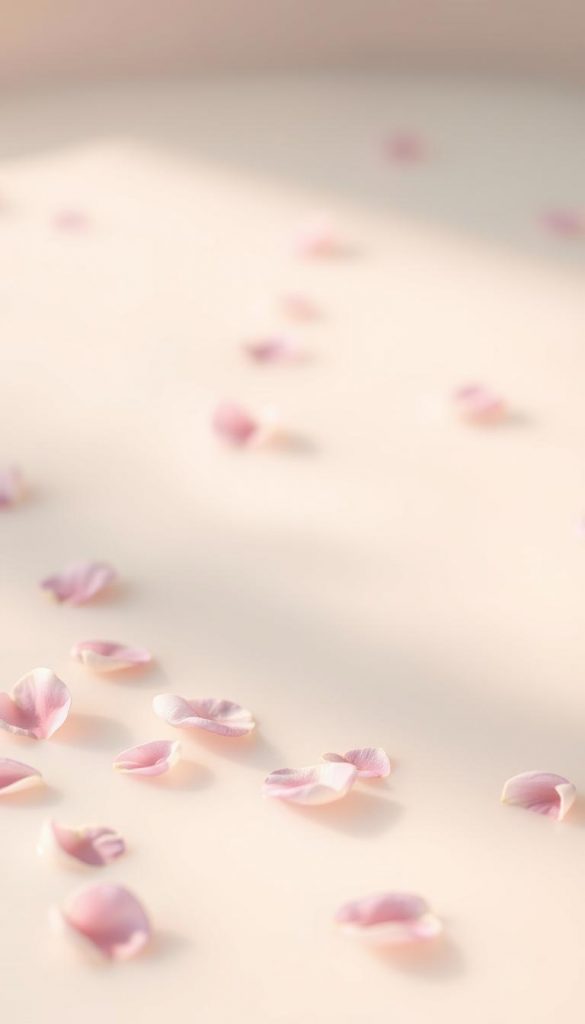 A serene pastel milk-bath background featuring soft hues of lavender, blush pink, and mint green. In the foreground, delicate flower petals float gently on the surface, creating a tranquil and romantic ambiance. The middle ground showcases subtle ripples in the milk-bath, reflecting the pastel colors above while maintaining a smooth, velvety texture. The background is softly blurred, enhancing the dreamlike quality of the scene. Gentle, diffused lighting bathes the image in a warm glow, evoking a sense of calm and inspiration. The composition embodies the essence of spring and tranquility, with a Pinterest-inspired aesthetic that feels both authentic and inviting. Captured with a shallow depth of field to emphasize the foreground elements. Designed for KlickKiste. A serene pastel milk-bath background featuring soft hues of lavender, blush pink, and mint green. In the foreground, delicate flower petals float gently on the surface, creating a tranquil and romantic ambiance. The middle ground showcases subtle ripples in the milk-bath, reflecting the pastel colors above while maintaining a smooth, velvety texture. The background is softly blurred, enhancing the dreamlike quality of the scene. Gentle, diffused lighting bathes the image in a warm glow, evoking a sense of calm and inspiration. The composition embodies the essence of spring and tranquility, with a Pinterest-inspired aesthetic that feels both authentic and inviting. Captured with a shallow depth of field to emphasize the foreground elements. Designed for KlickKiste.
